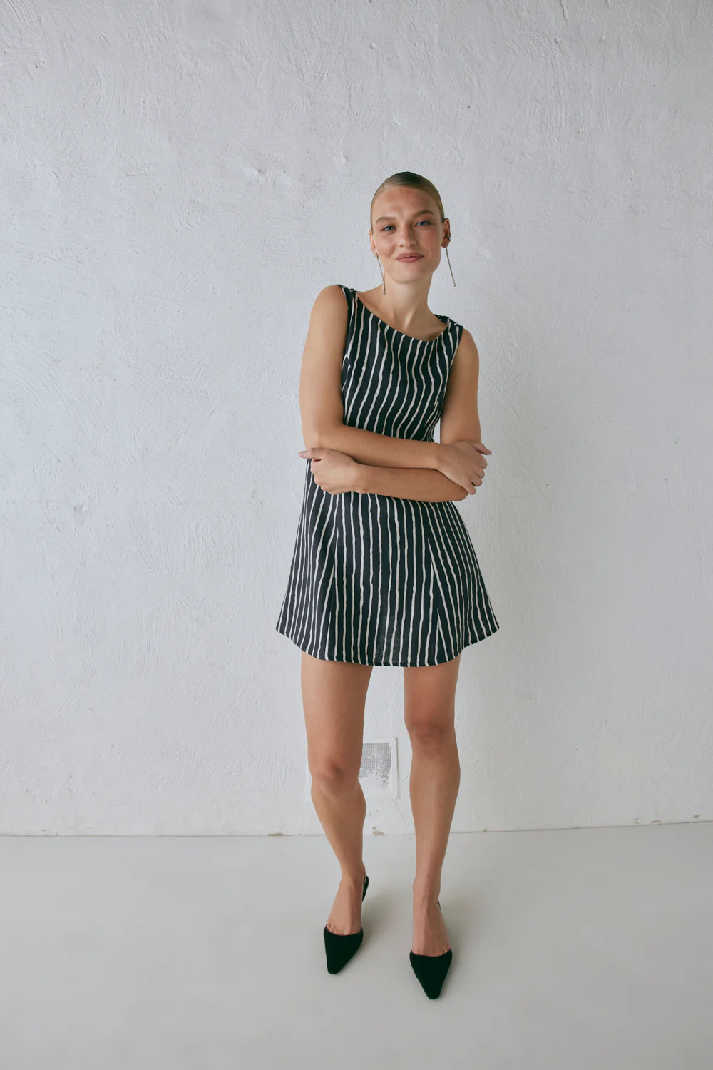 Chloe Linen Mini Dress Black Stripe - Image 5