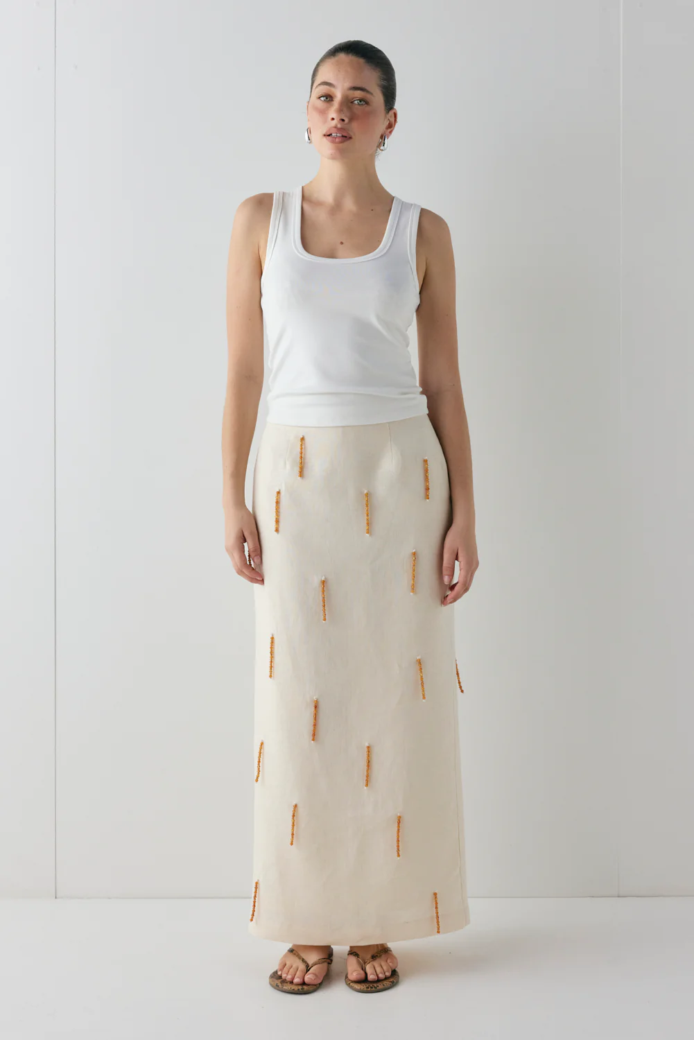 Devyn Linen Midi Skirt Cream