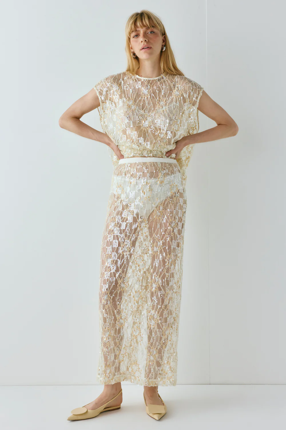 Devyn Sequin Midi Skirt Apricot