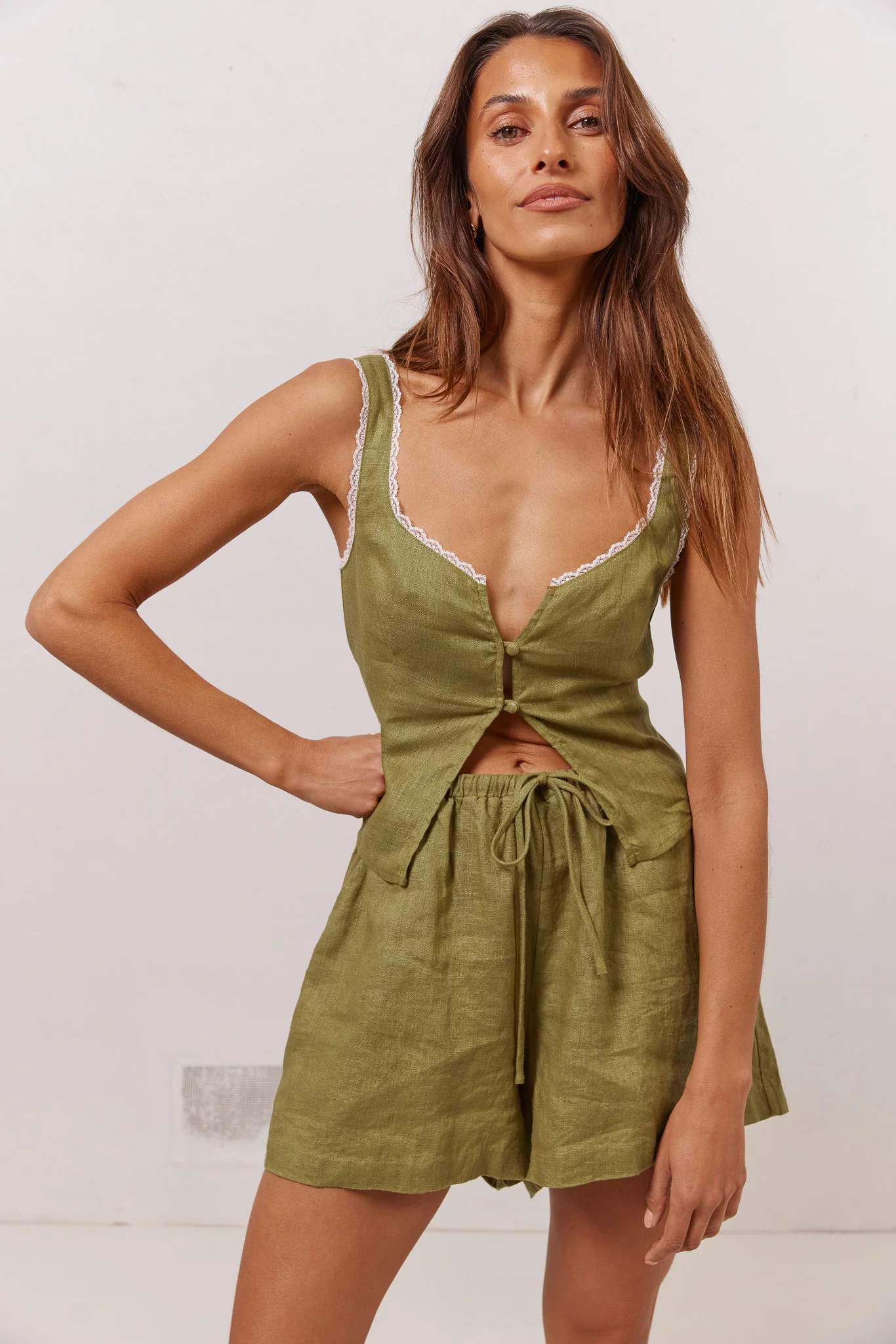 Love Language Linen Button Front Top Olive - Image 6