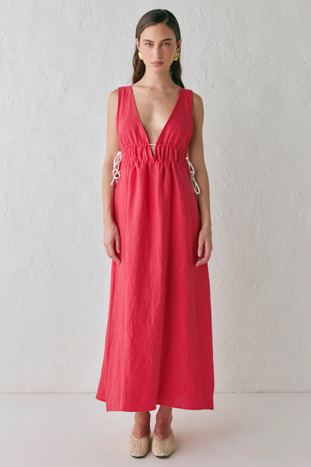 Paros Palms Linen Midi Dress Red