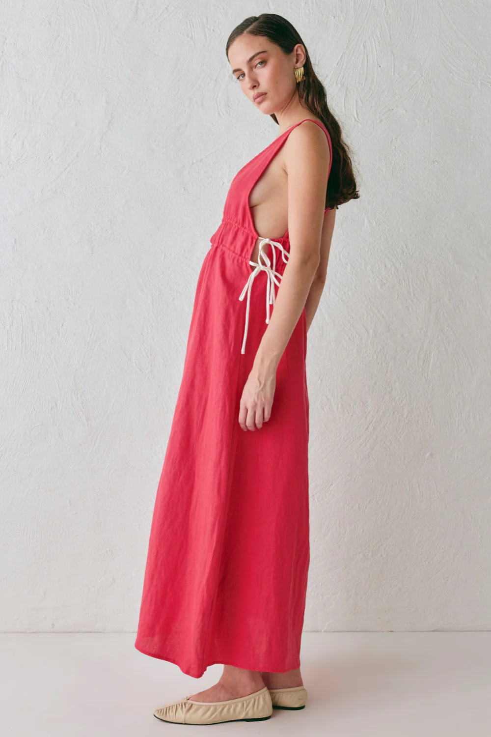 Paros Palms Linen Midi Dress Red - Image 2