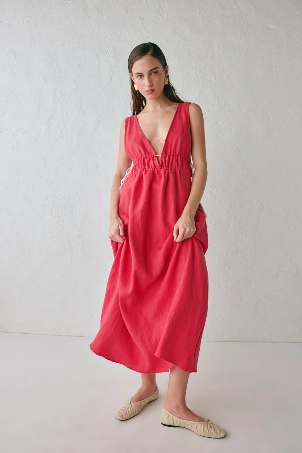 Paros Palms Linen Midi Dress Red - Image 4