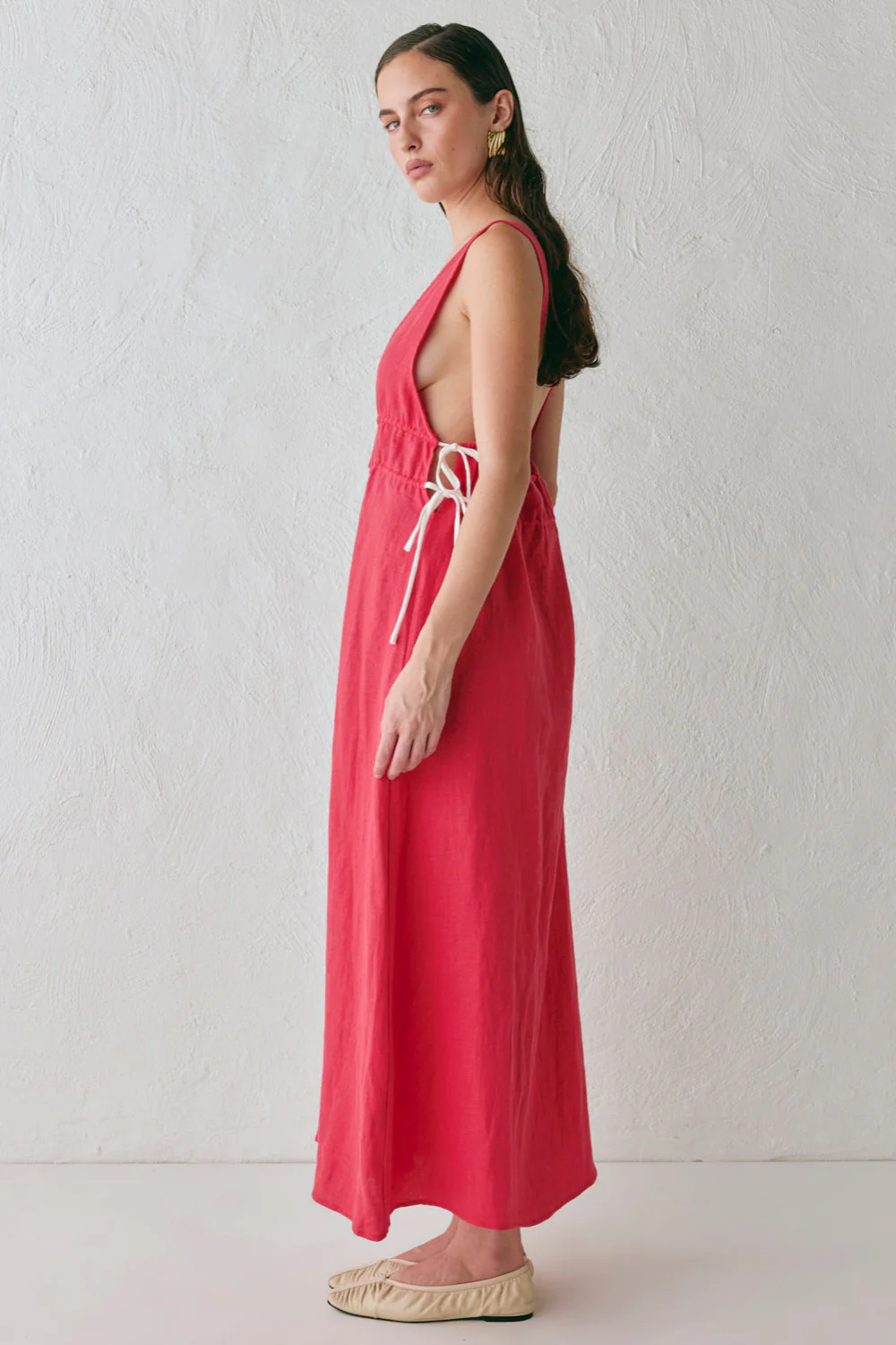 Paros Palms Linen Midi Dress Red - Image 5
