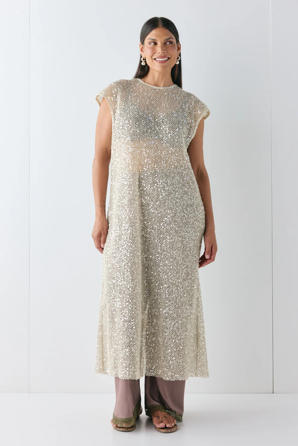 Sabre Sequin Midi Dress Oat - Image 5