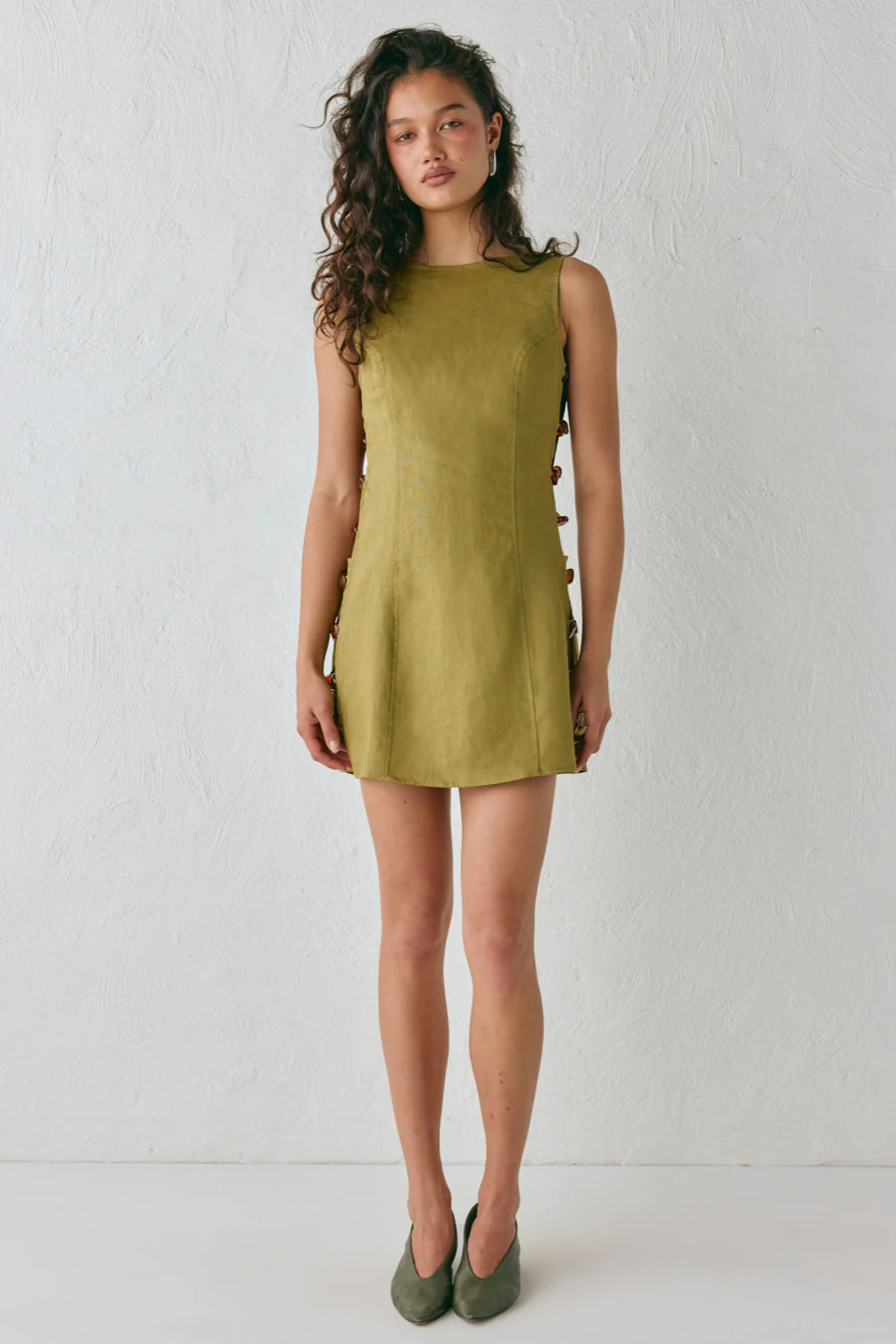 Tia Linen Mini Dress Olive - Image 2