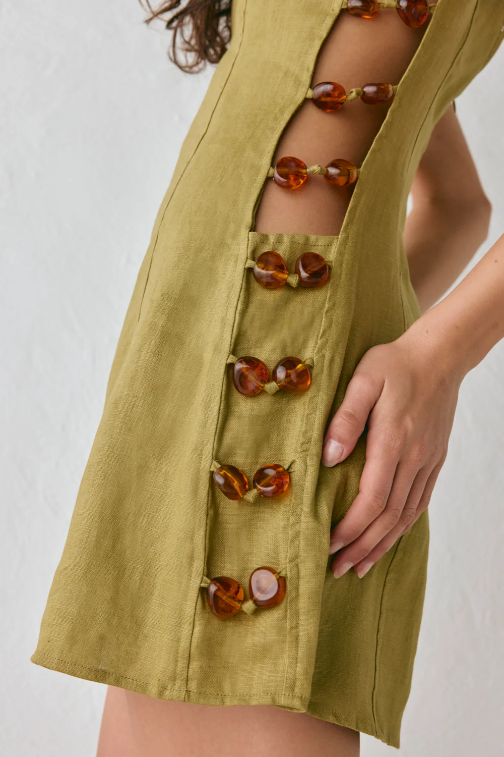 Tia Linen Mini Dress Olive - Image 3